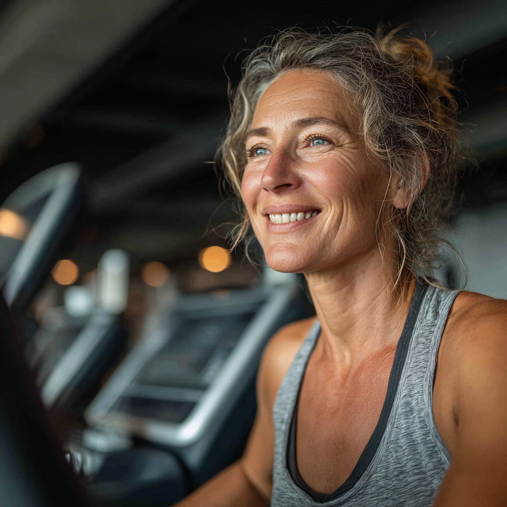 Жінка 52 роки займається на кардіо-тренажері в фітнес-залі з посмішкою