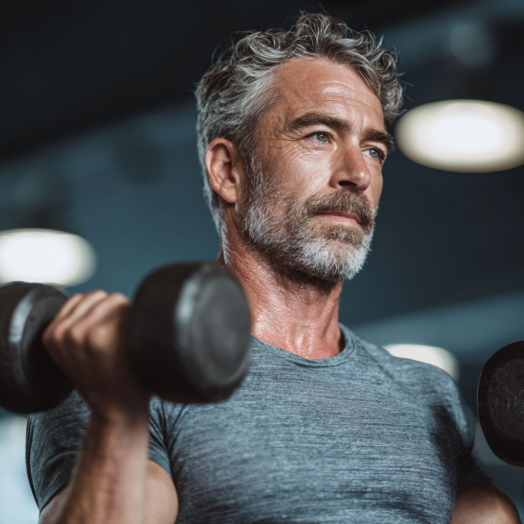 Чоловік 55 років виконує силові вправи з гантелями в сучасному спортзалі