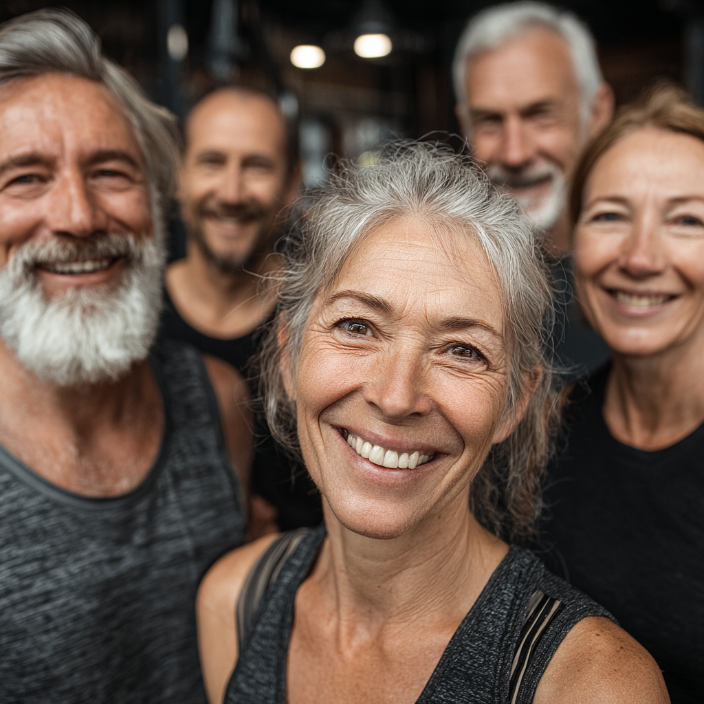 Група людей віком 50-60 років святкує досягнення після групового тренування